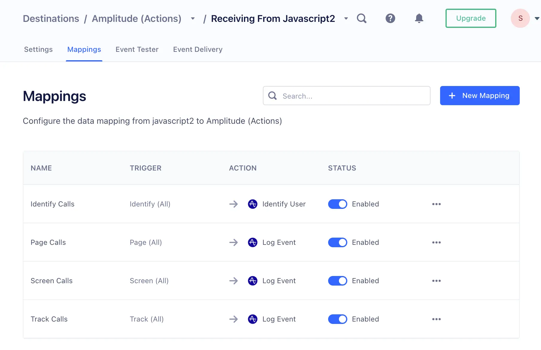 Mappings table showing enabled actions for Identify, Page, Screen, and Track calls.