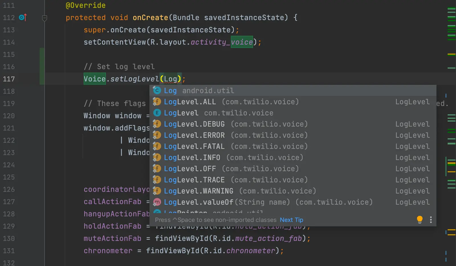 Code snippet setting log level to DEBUG in Android onCreate method.
