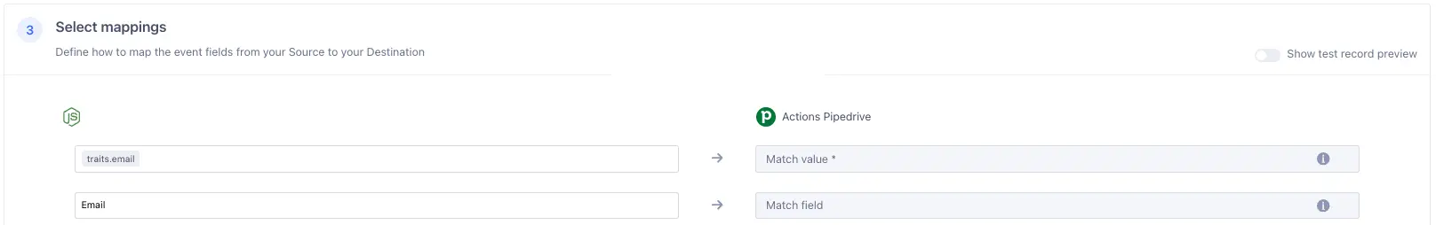 Mappings configuration to Actions Pipedrive where 'traits.email' is mapped to Match value and 'Email' is mapped to Match field.