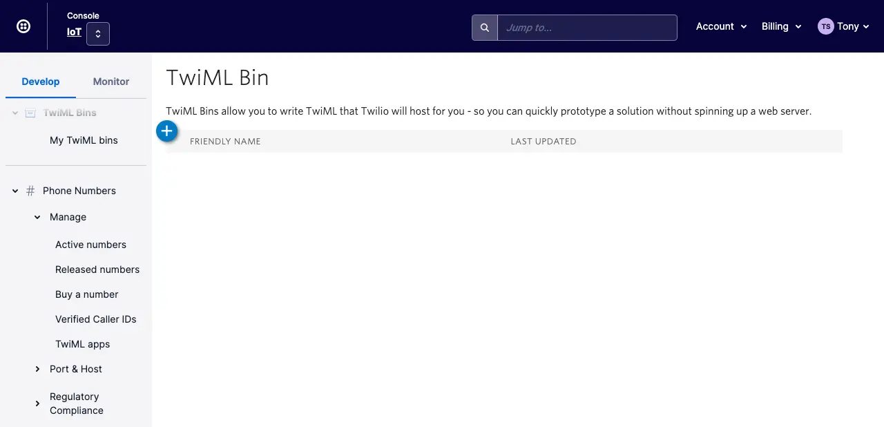 TwiML Bin configuration for call forwarding with XML code to dial a number.