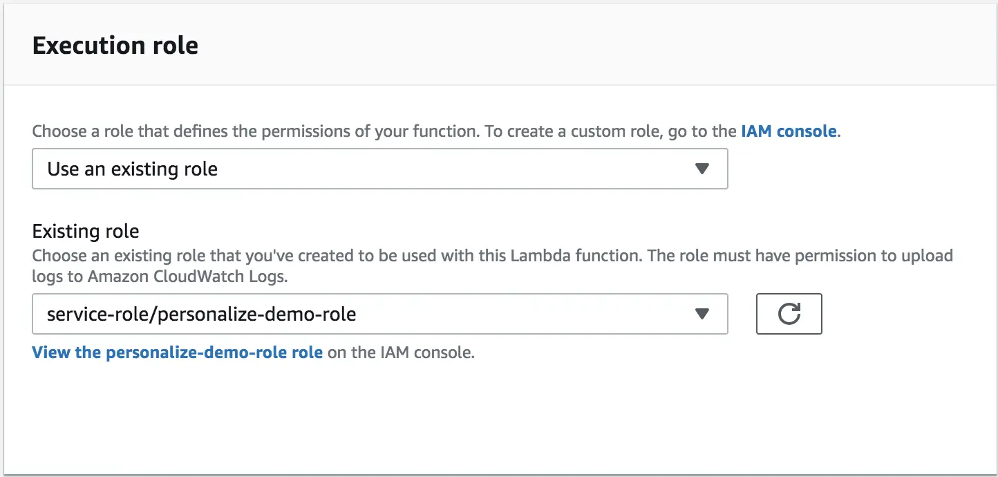 Execution role settings with existing role 'service-role/personalize-demo-role' for Lambda function.