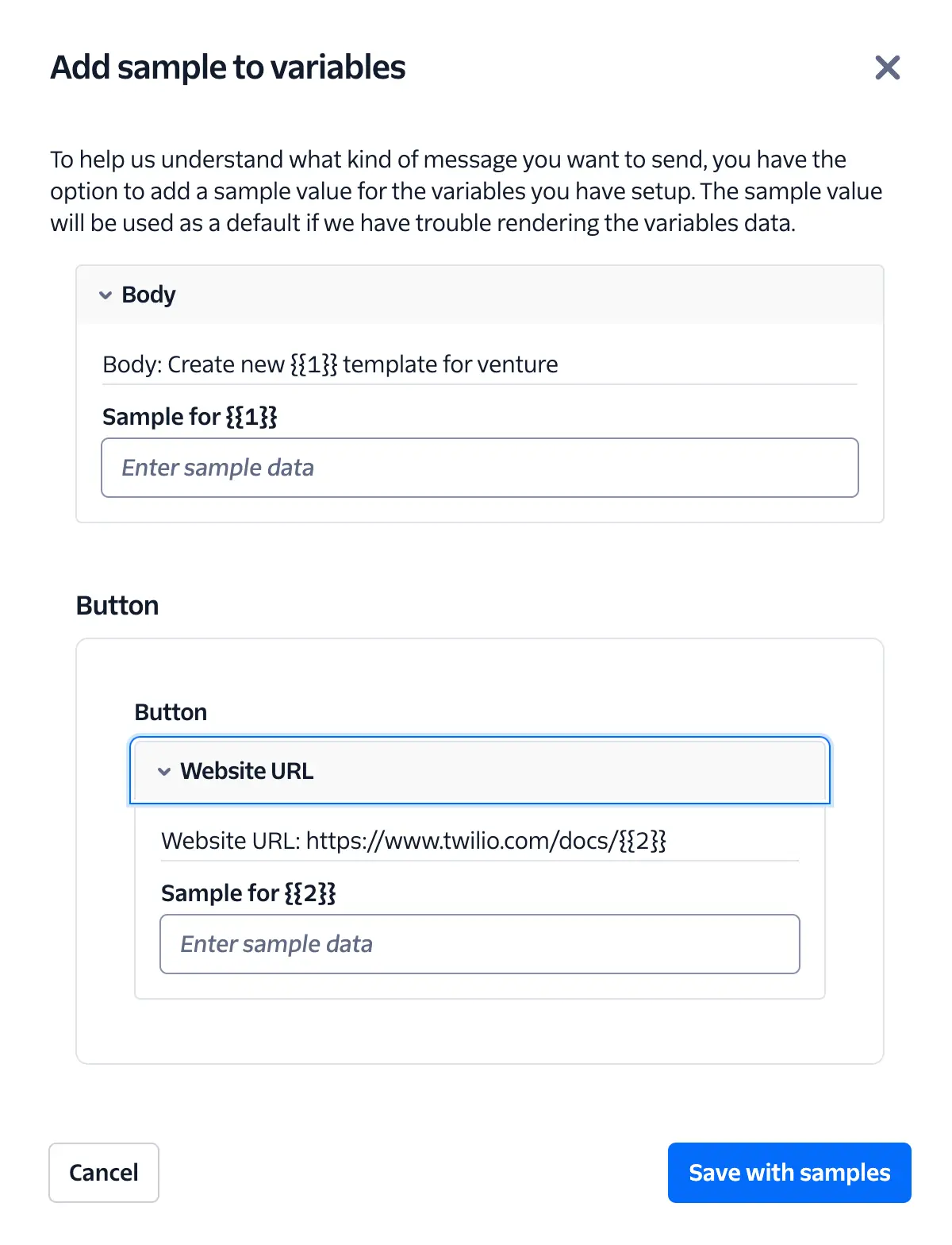 Form to add sample data for message templates and button URLs with input fields and save option.