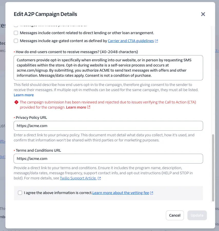 Edit A2P Campaign Details modal with failed review notice and sample messages.