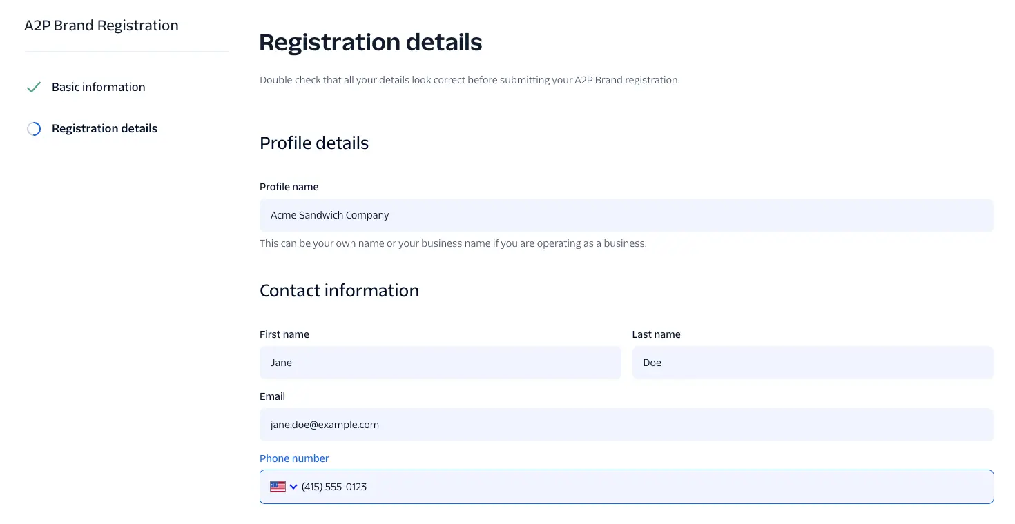 Registration details screen with Profile name, First name, Last name, Email, and Phone number fields.