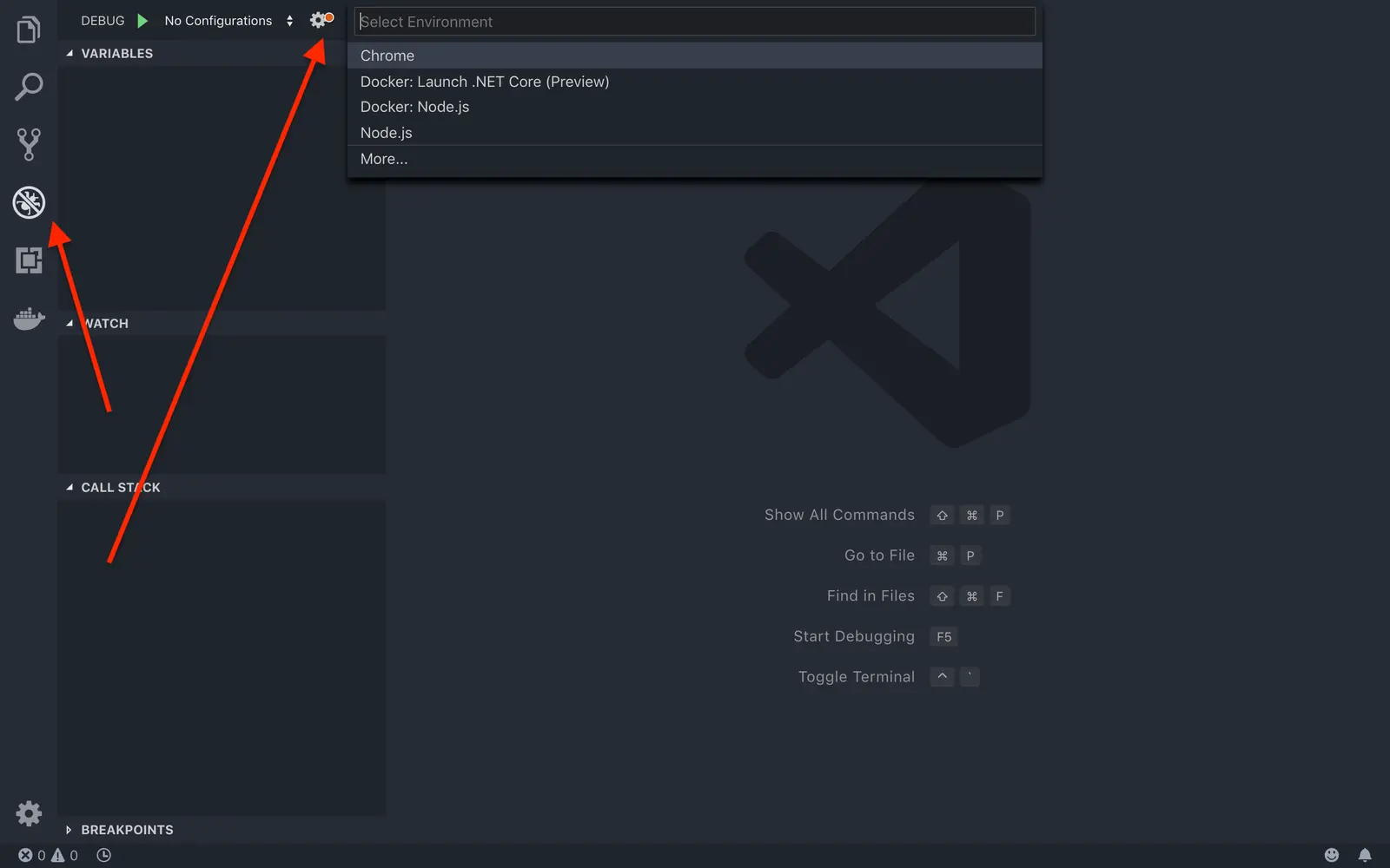 VSCode debug panel with environment selection menu open, showing options like Chrome and Node.js.