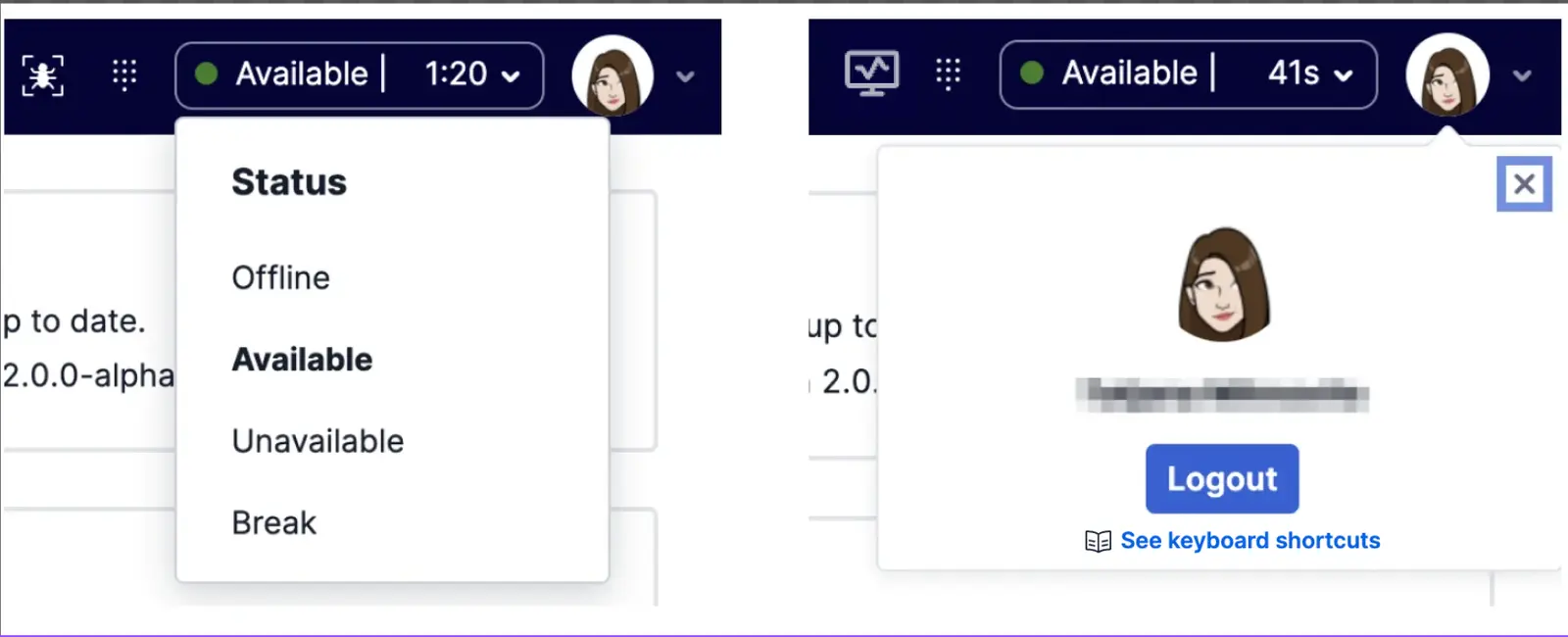 User status dropdown showing options: Offline, Available, Unavailable, Break, and logout button.