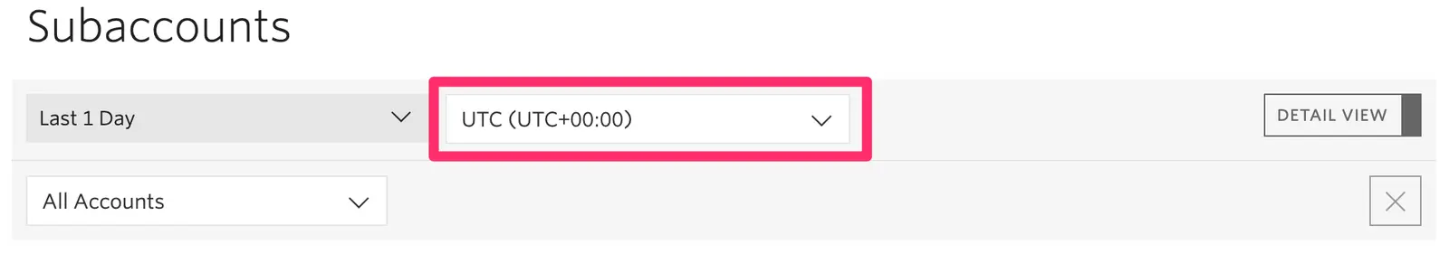 Timezone picker set to UTC in subaccount dashboard.