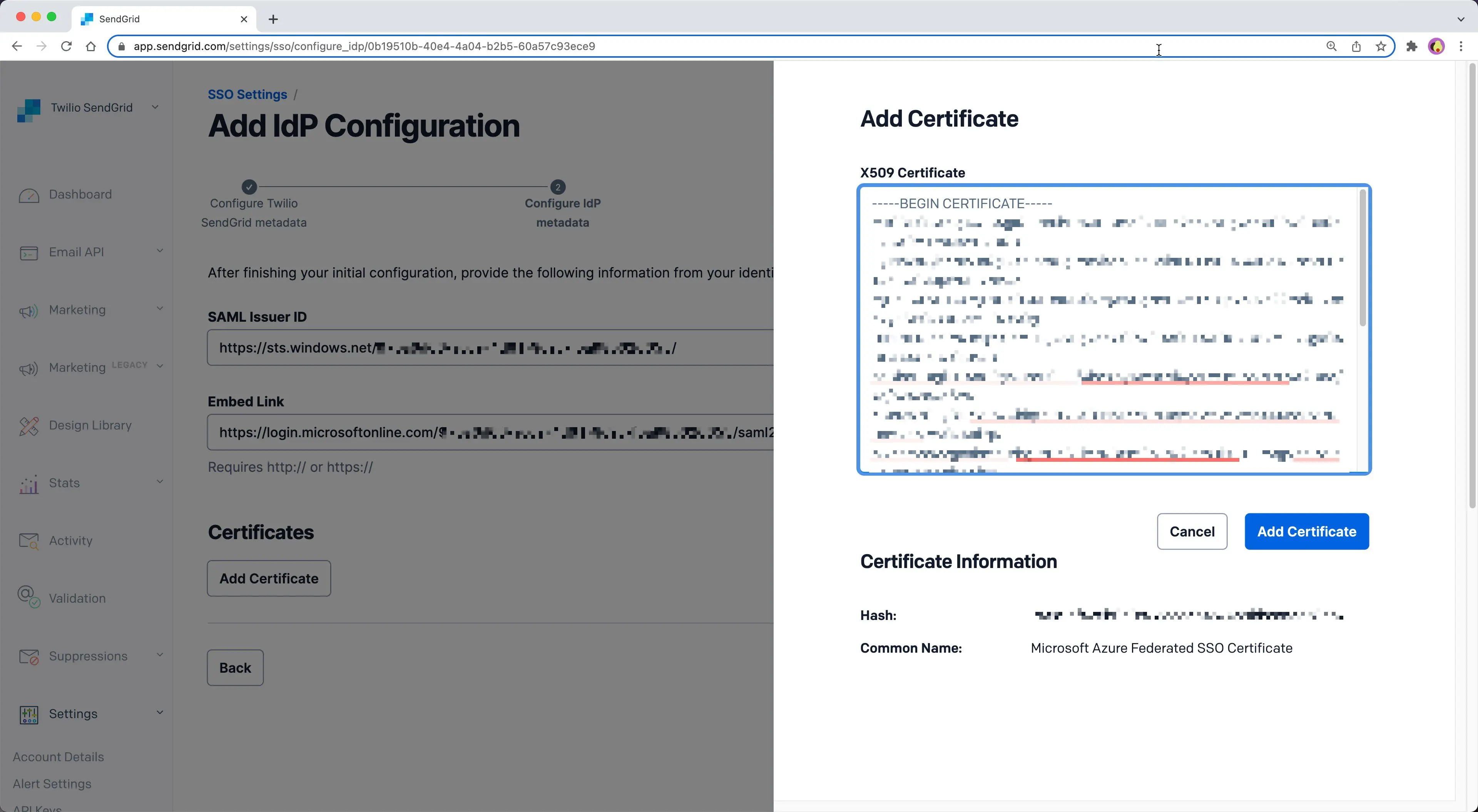 Interface for adding an X509 certificate in Twilio SendGrid with certificate details.