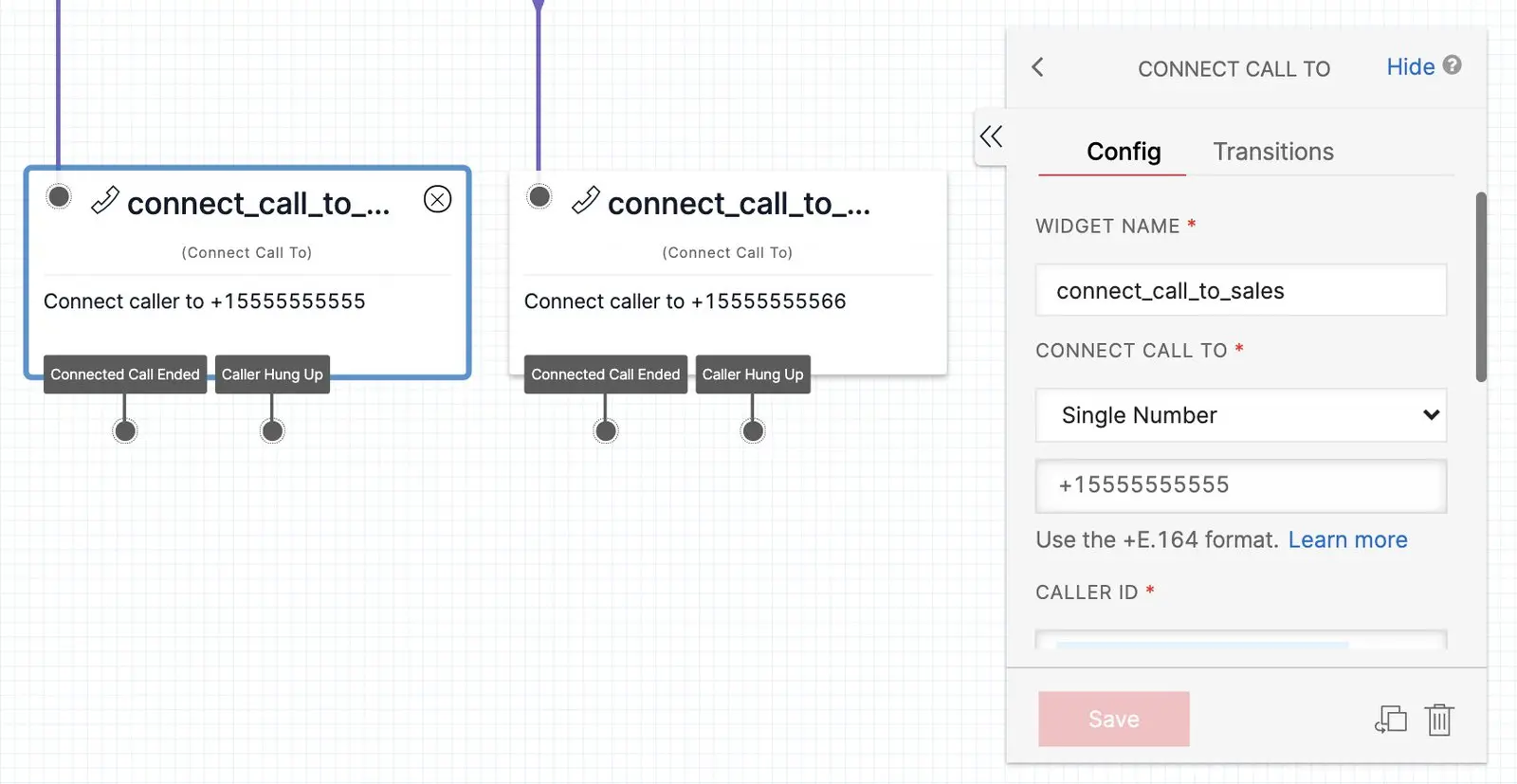 Two widgets and the widget configuration panel for call connection.