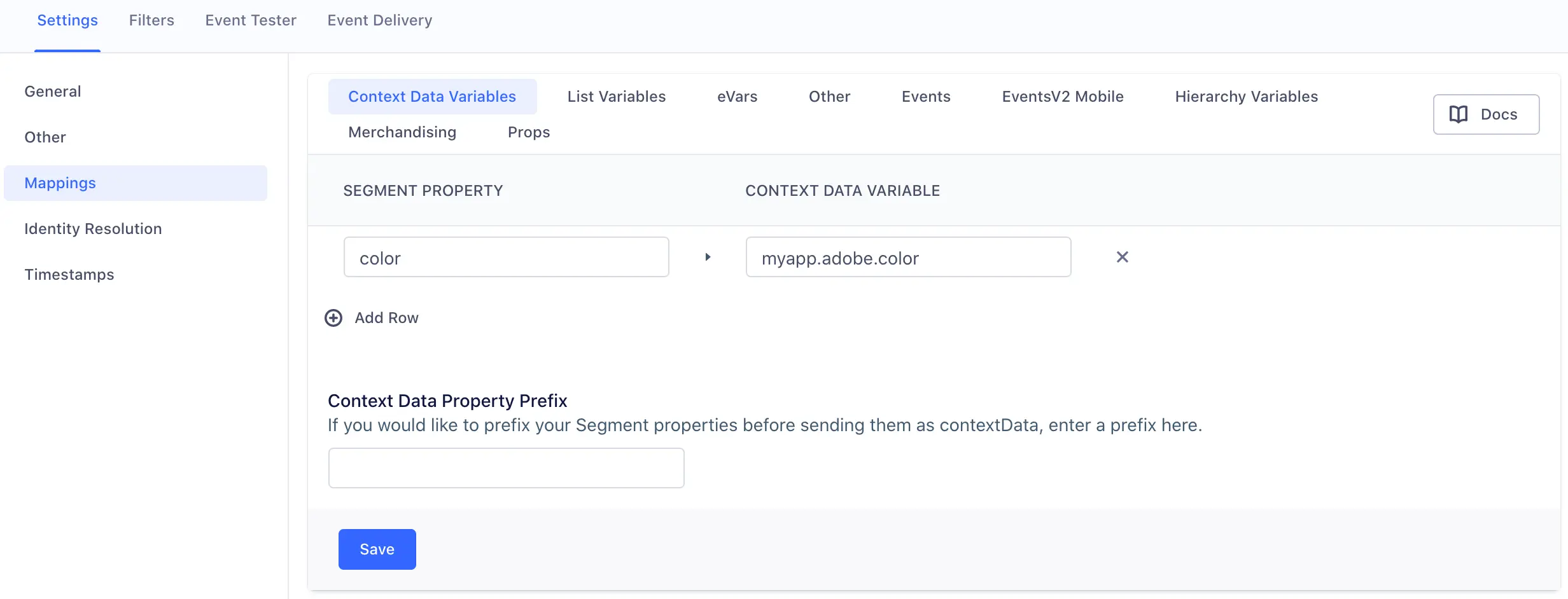 The Adobe Analytics settings page in Segment, with the Mappings section selected for Context Data Variables showing the color property mapped to myapp.adobe.color.