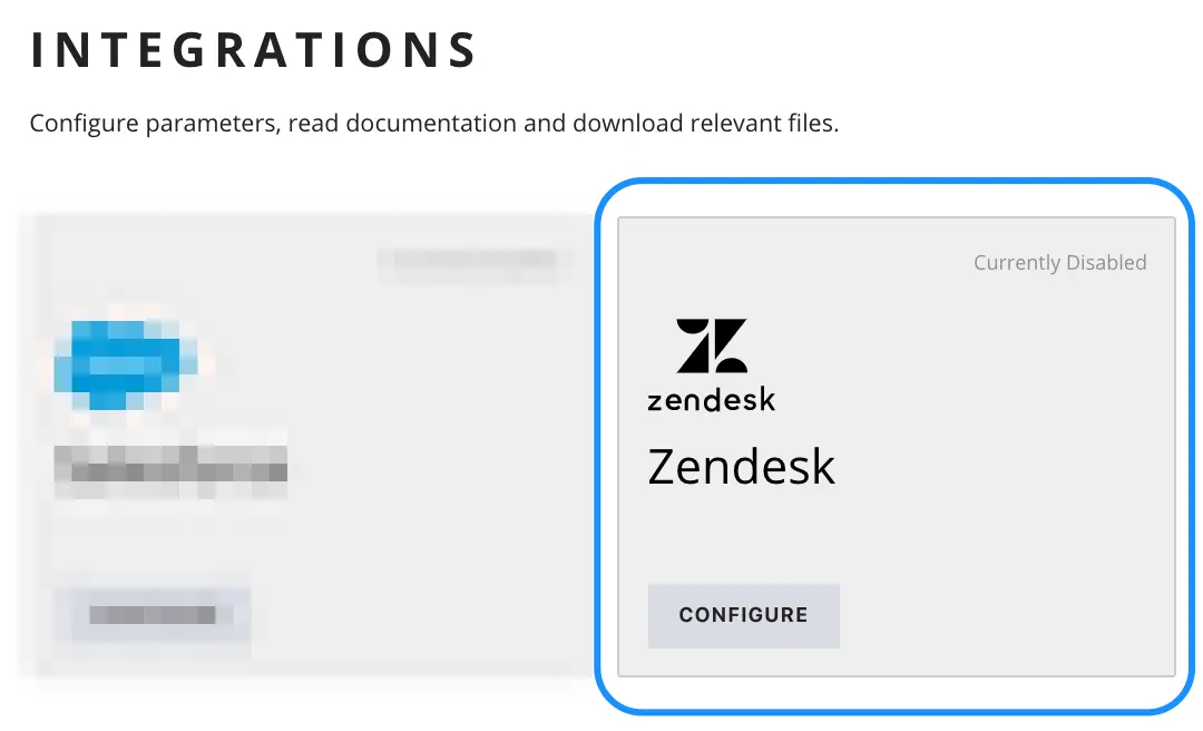 Zendesk integration status toggle set to enabled.