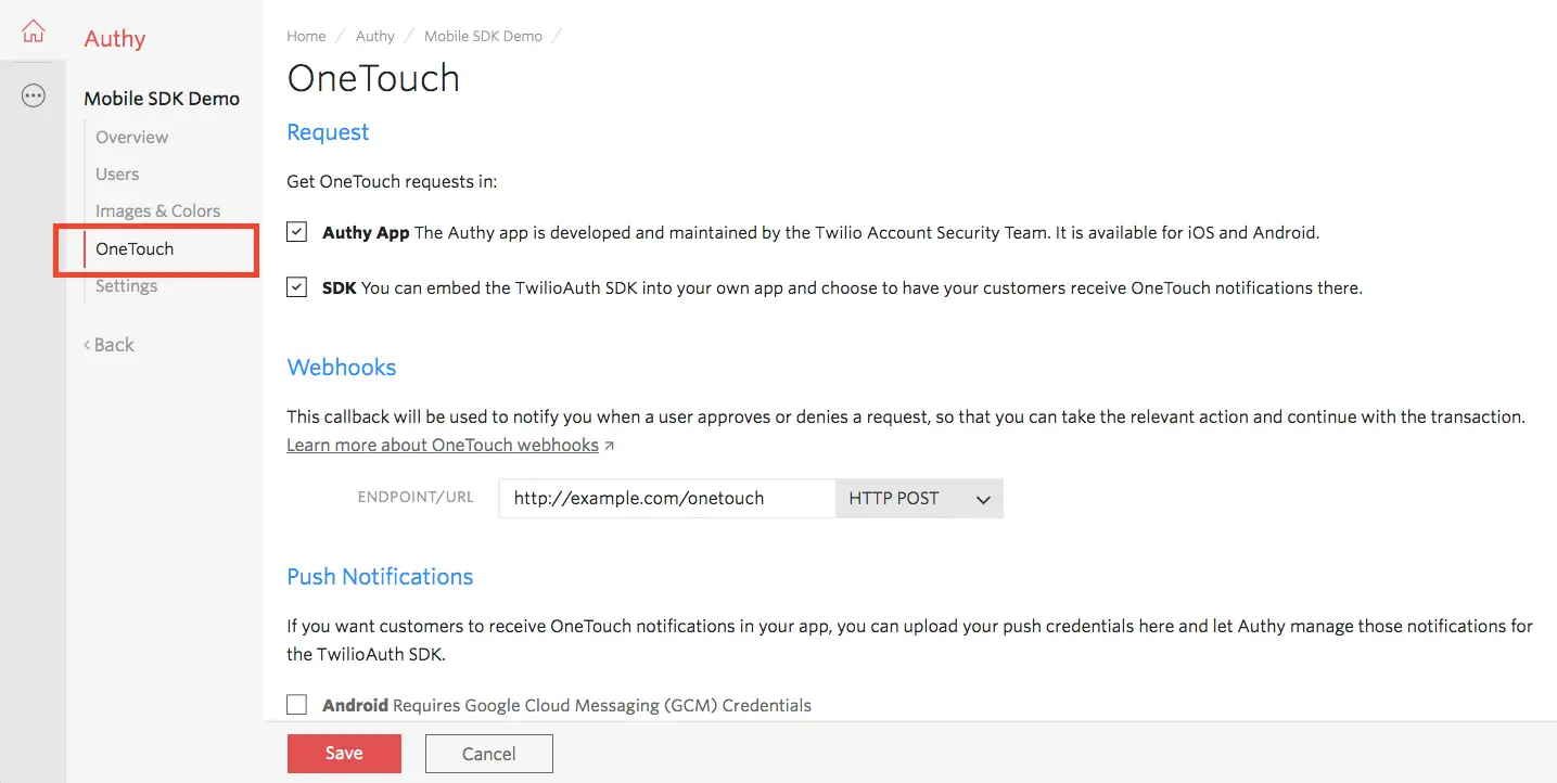 OneTouch settings with options for Authy app and SDK, webhook URL, and push notifications.