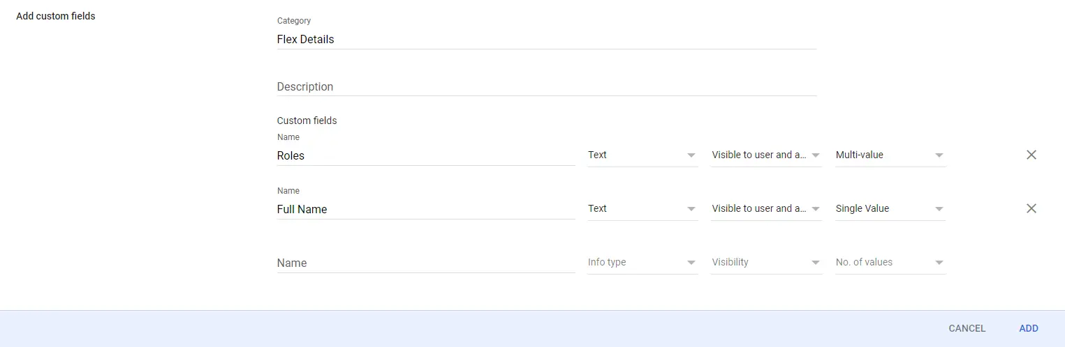 Add custom fields with roles and full name options in Flex Details category.