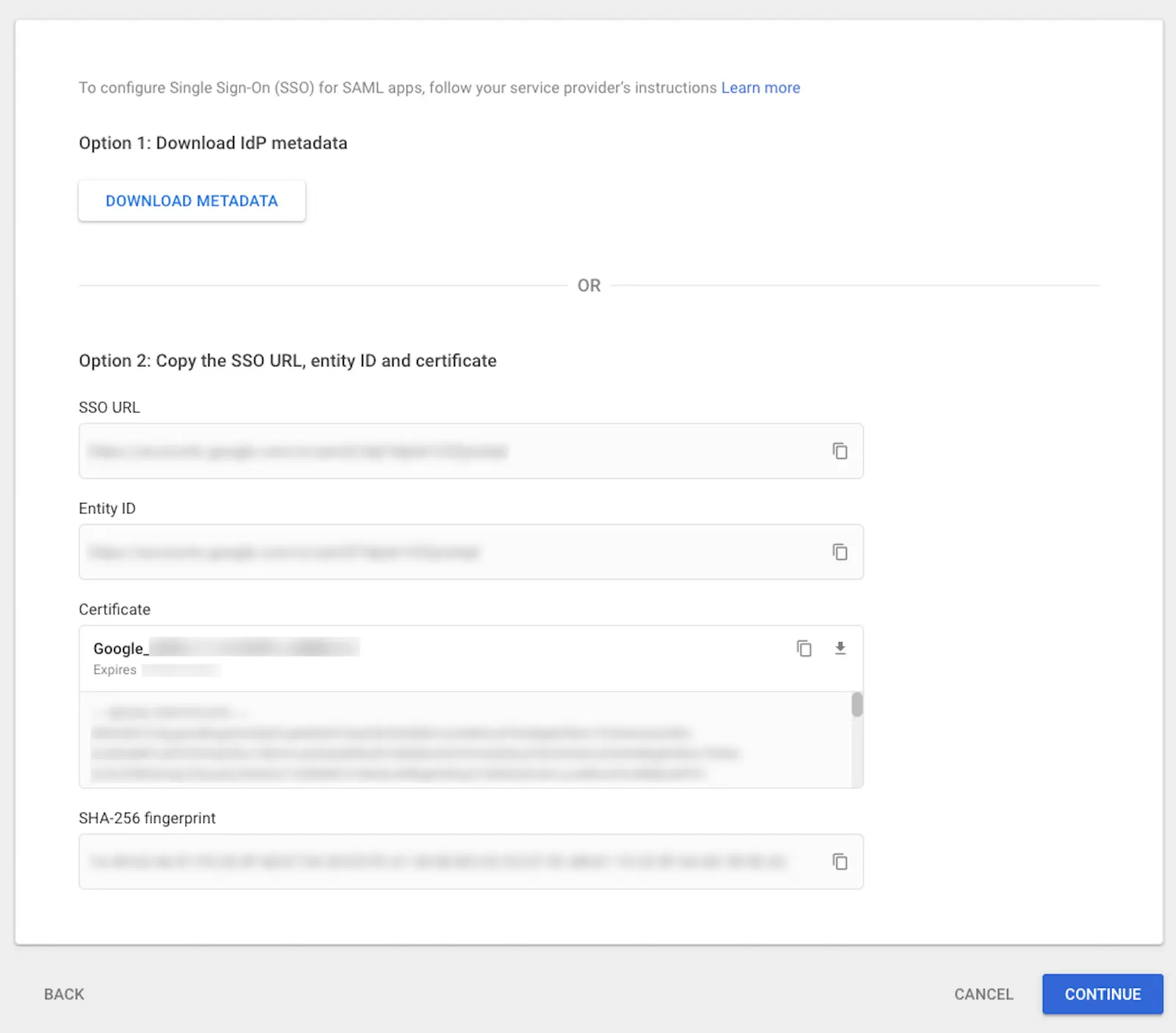 Google IdP setup with options to download metadata or copy SSO URL, entity ID, and certificate.