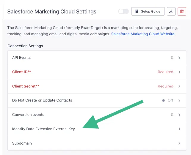 Salesforce Marketing Cloud settings with Client ID and Client Secret required fields.