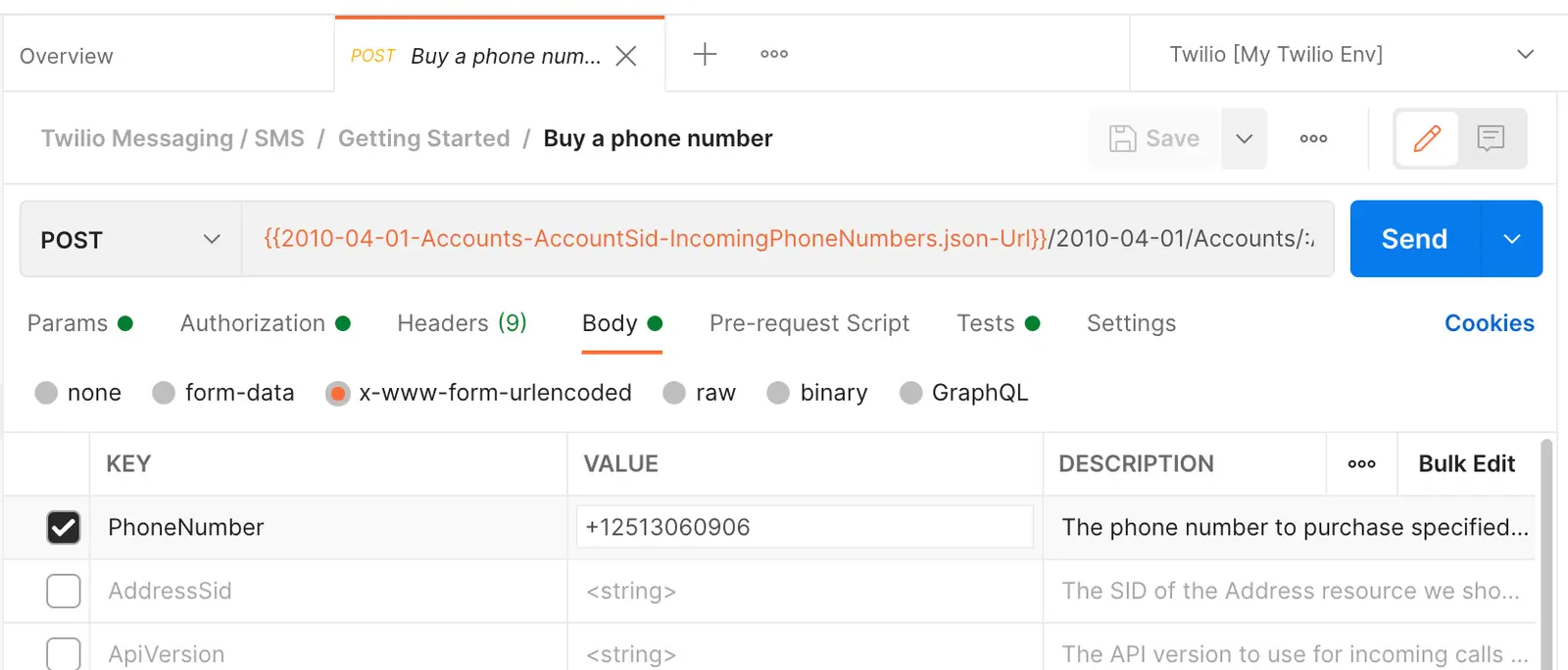 Twilio API interface showing parameters for buying a phone number, including PhoneNumber with value +12513060906.