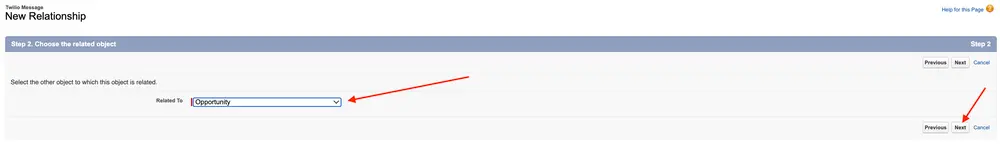 Select 'Opportunity' from the dropdown to choose the related object, then click 'Next'.