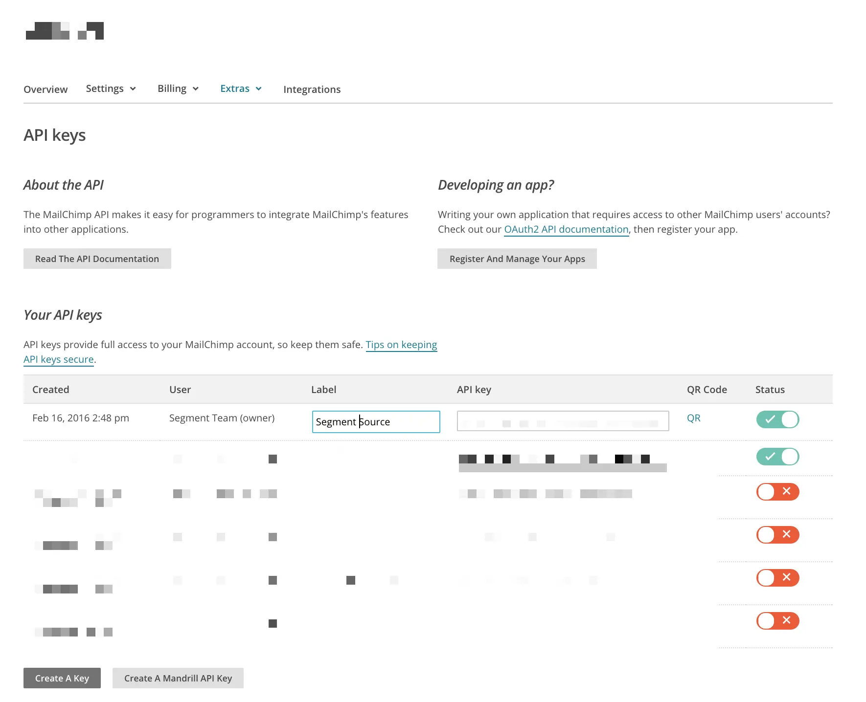 Mailchimp API keys page showing key creation date, user, label, and status.