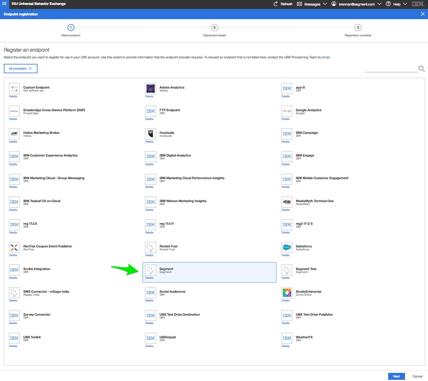 UBX dashboard showing endpoint registration with Segment highlighted.