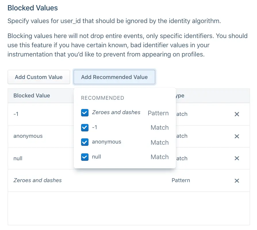 Table showing blocked user_id values like -1, anonymous, and null with options to add custom or recommended values.