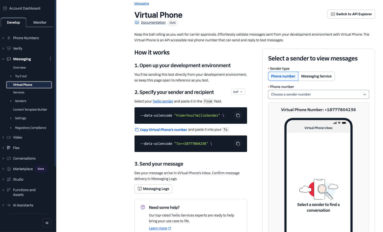 Twilio Virtual Phone interface with code snippets for specifying sender and recipient in a development environment.