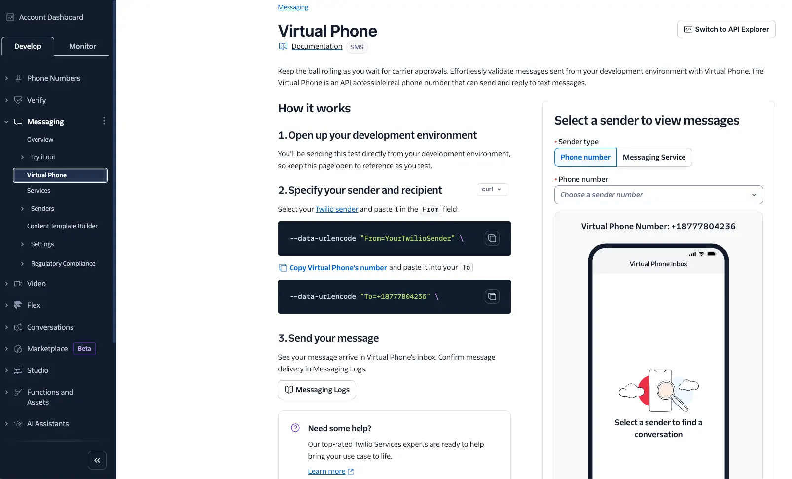 Twilio Virtual Phone interface showing steps to specify sender and recipient with code snippets.