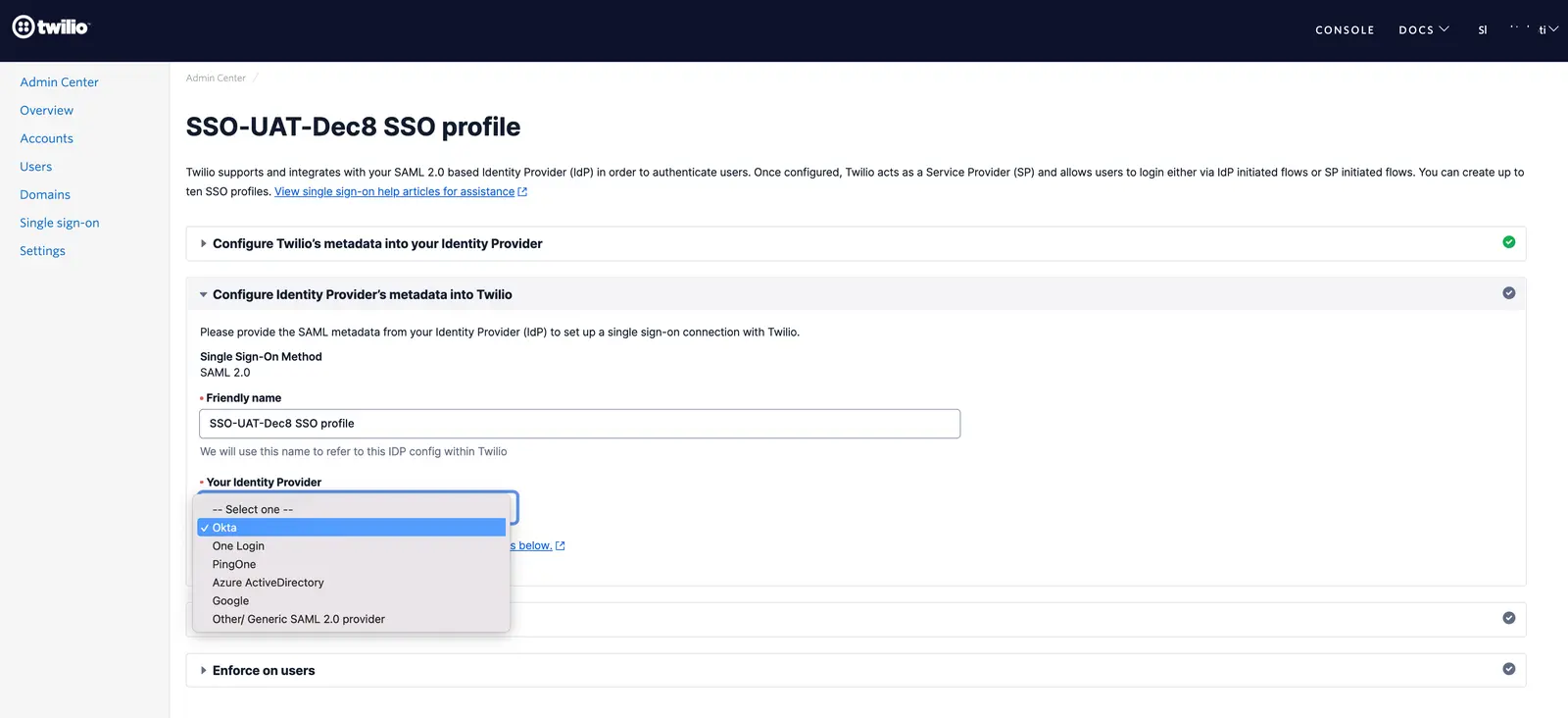 SSO profile configuration with Okta selected as the identity provider in Twilio Admin Center.