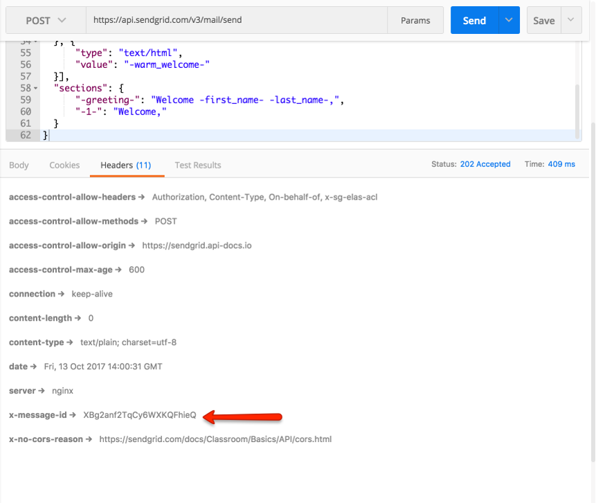 Example email send response.