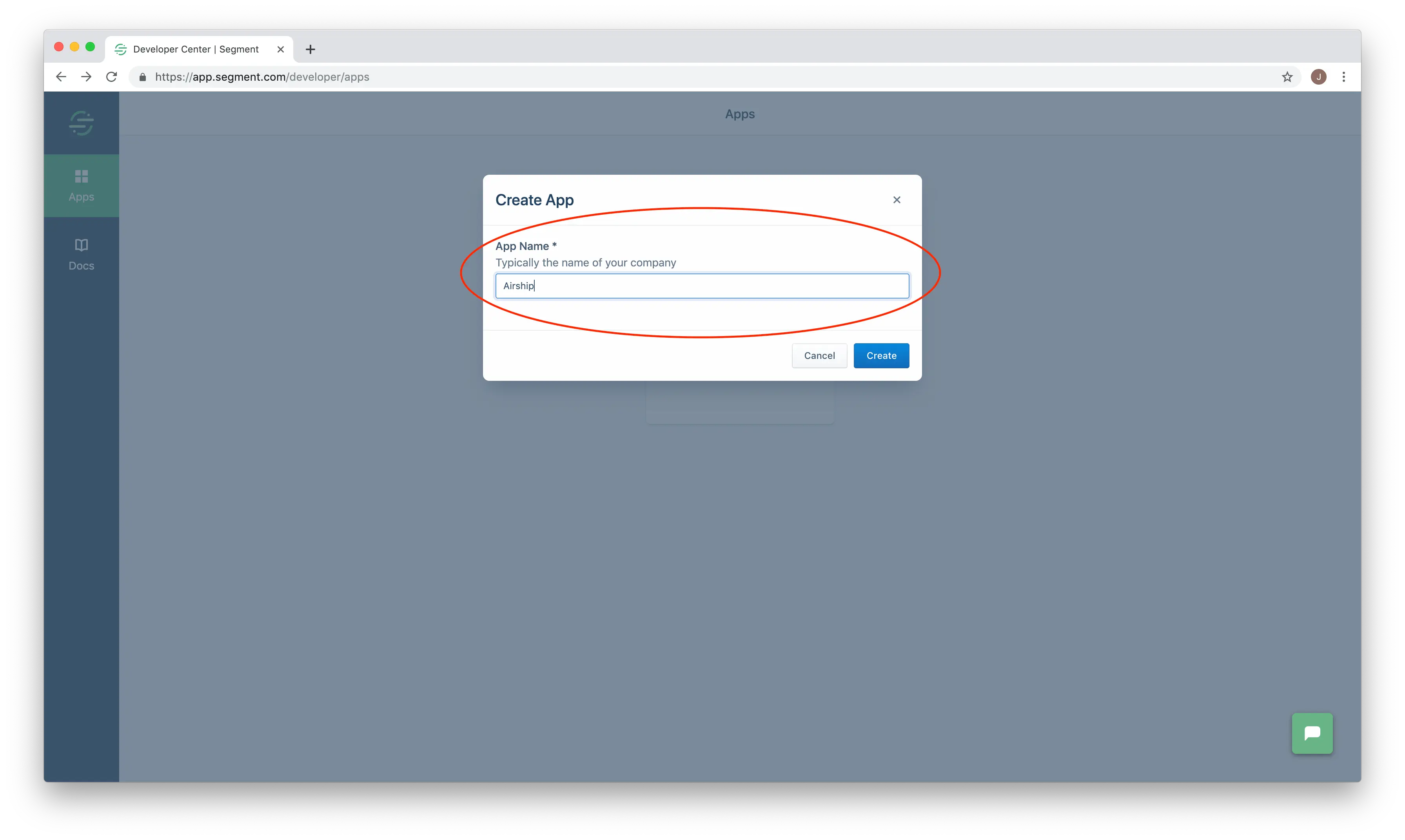 Create App dialog with 'App Name' field filled as 'Airship'.
