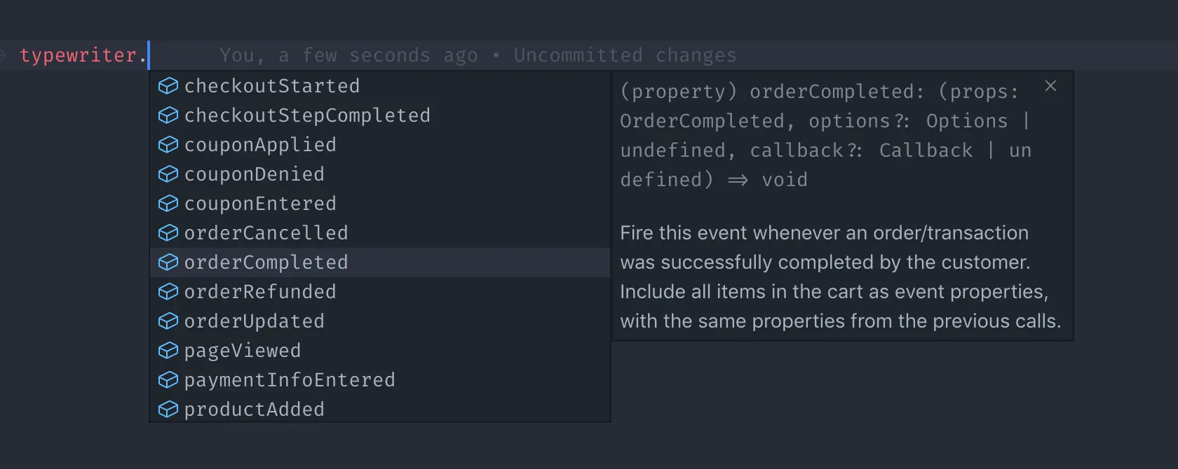 Code editor showing event name suggestions like orderCompleted with details on firing the event.