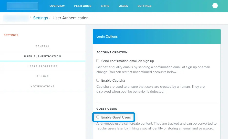 Settings page showing option to enable guest users under user authentication.
