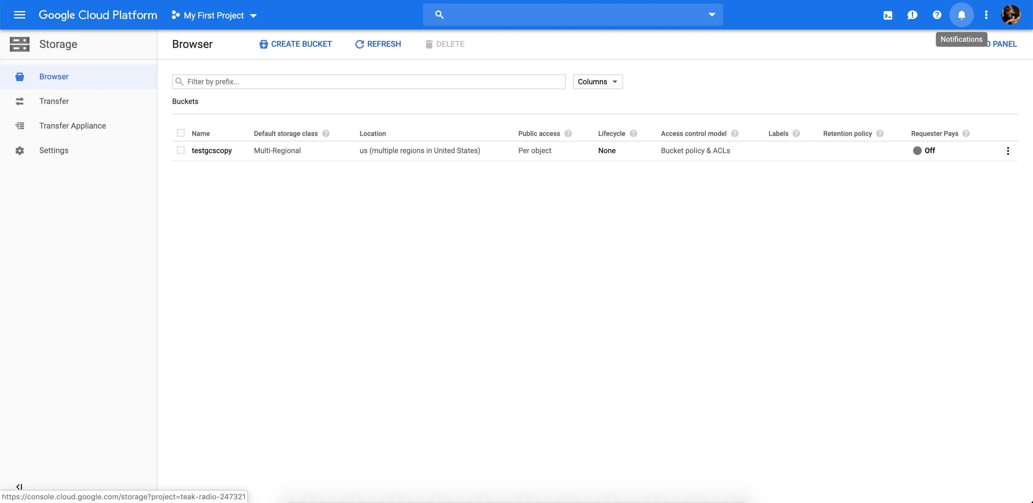 Screenshot of the Storage Browser page in Google Cloud.