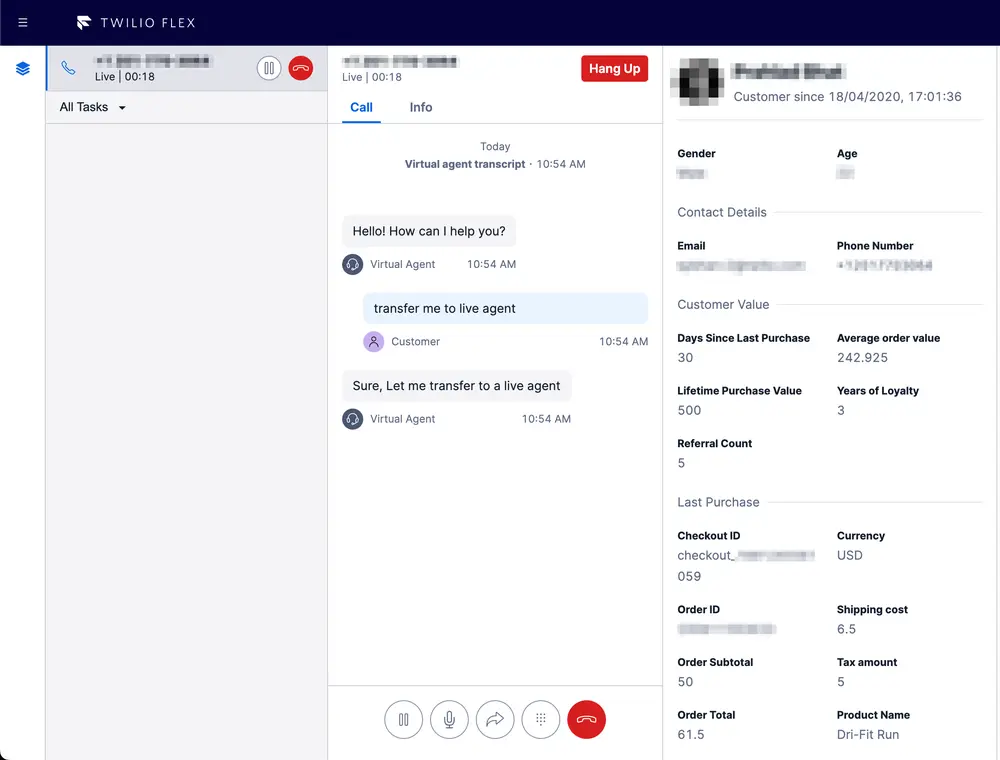 Twilio Flex UI showing a virtual agent chat transcript and customer details.