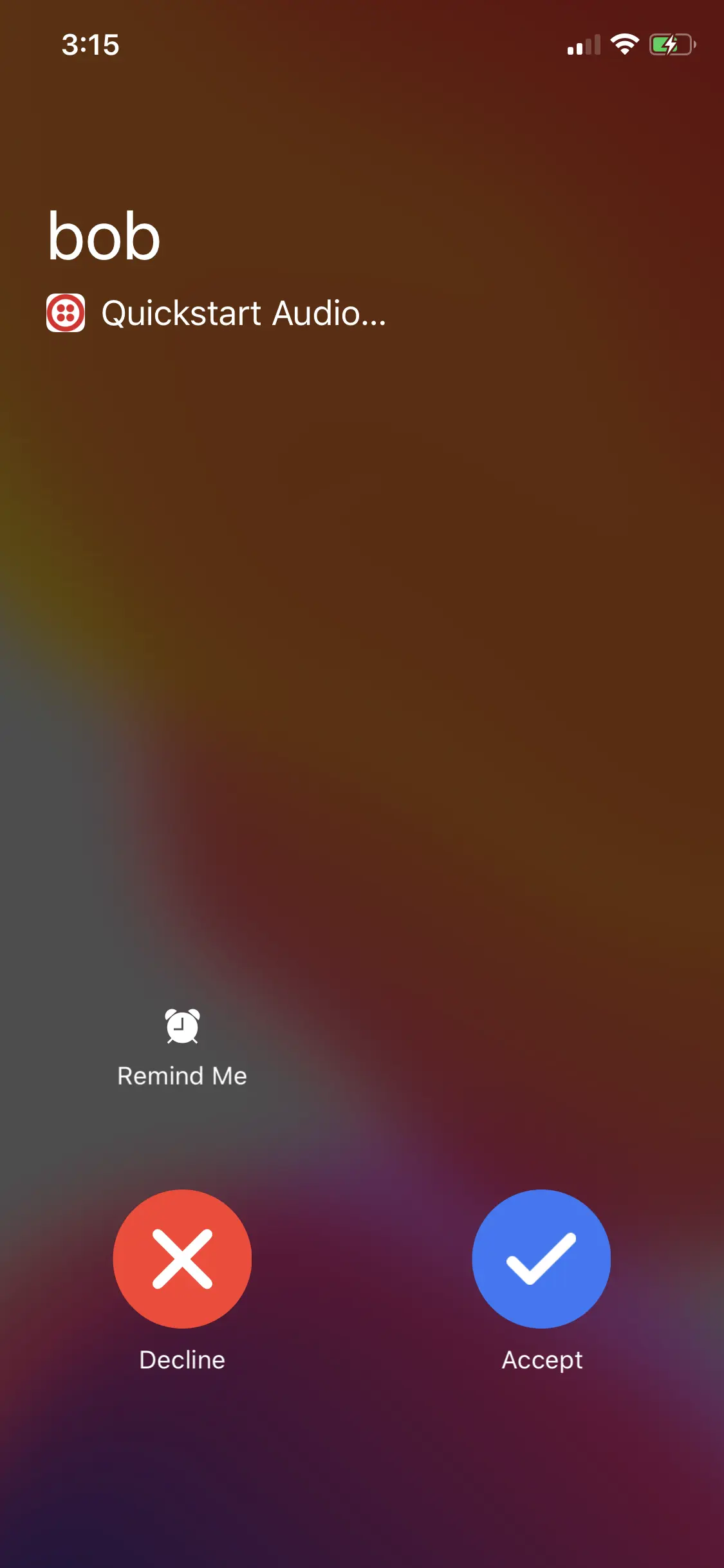 Incoming call screen with options to decline or accept, caller labeled as bob through Quickstart Audio.