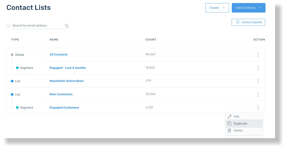 Duplicate a segment from the contact list page.