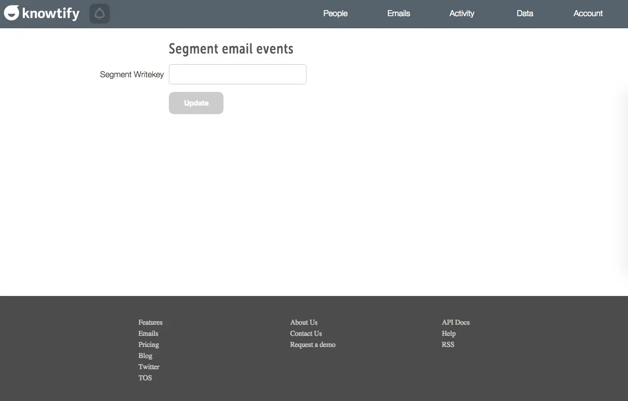 Knowtify interface for entering Segment Writekey to update email events.
