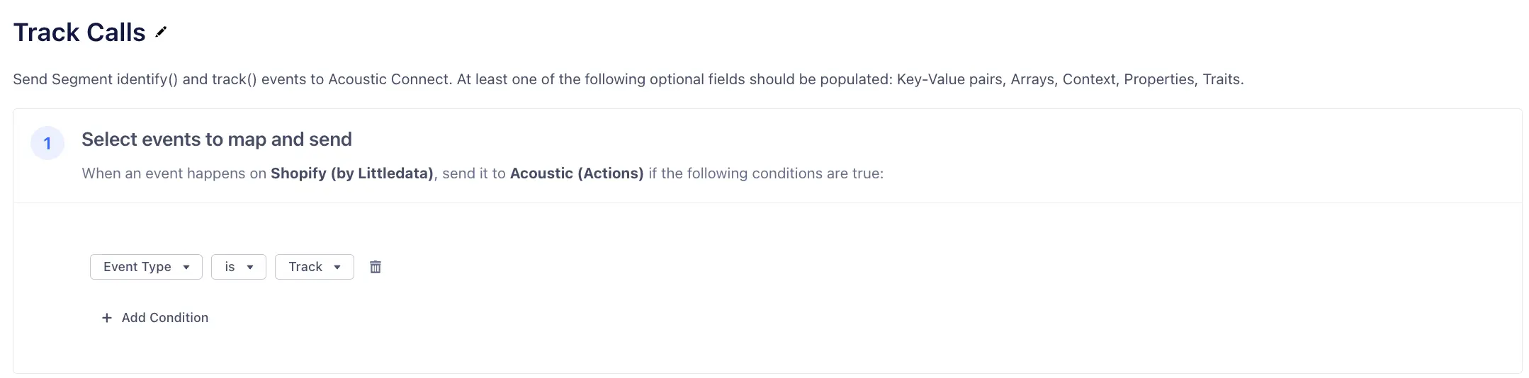 Track calls UI for mapping Shopify events to Acoustic with conditions.