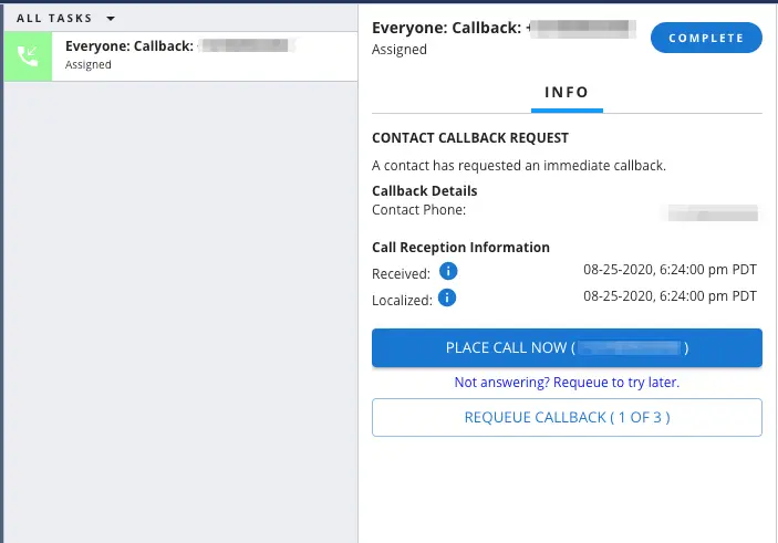 Interface showing callback request details with options to place call or requeue.