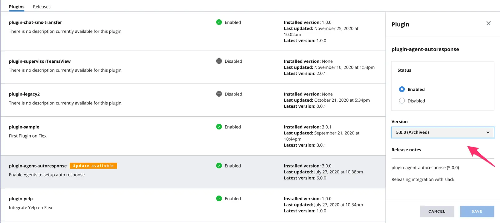 Plugin management interface showing plugin-agent-autoresponse update to version 5.0.0 archived.