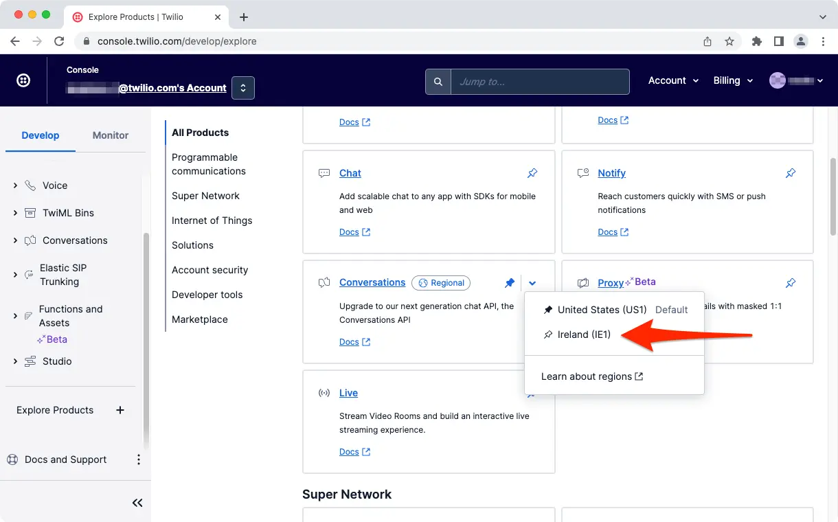 Dropdown showing Ireland (IE1) as a pin option for Conversations API region.