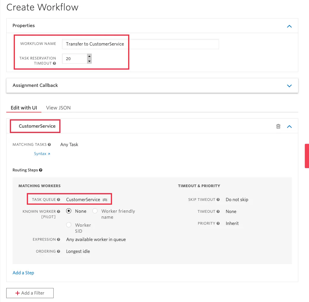 Workflow setup for transferring tasks to CustomerService with a 20-second reservation timeout.