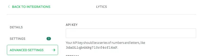 Lytics API key entry field with example key format.