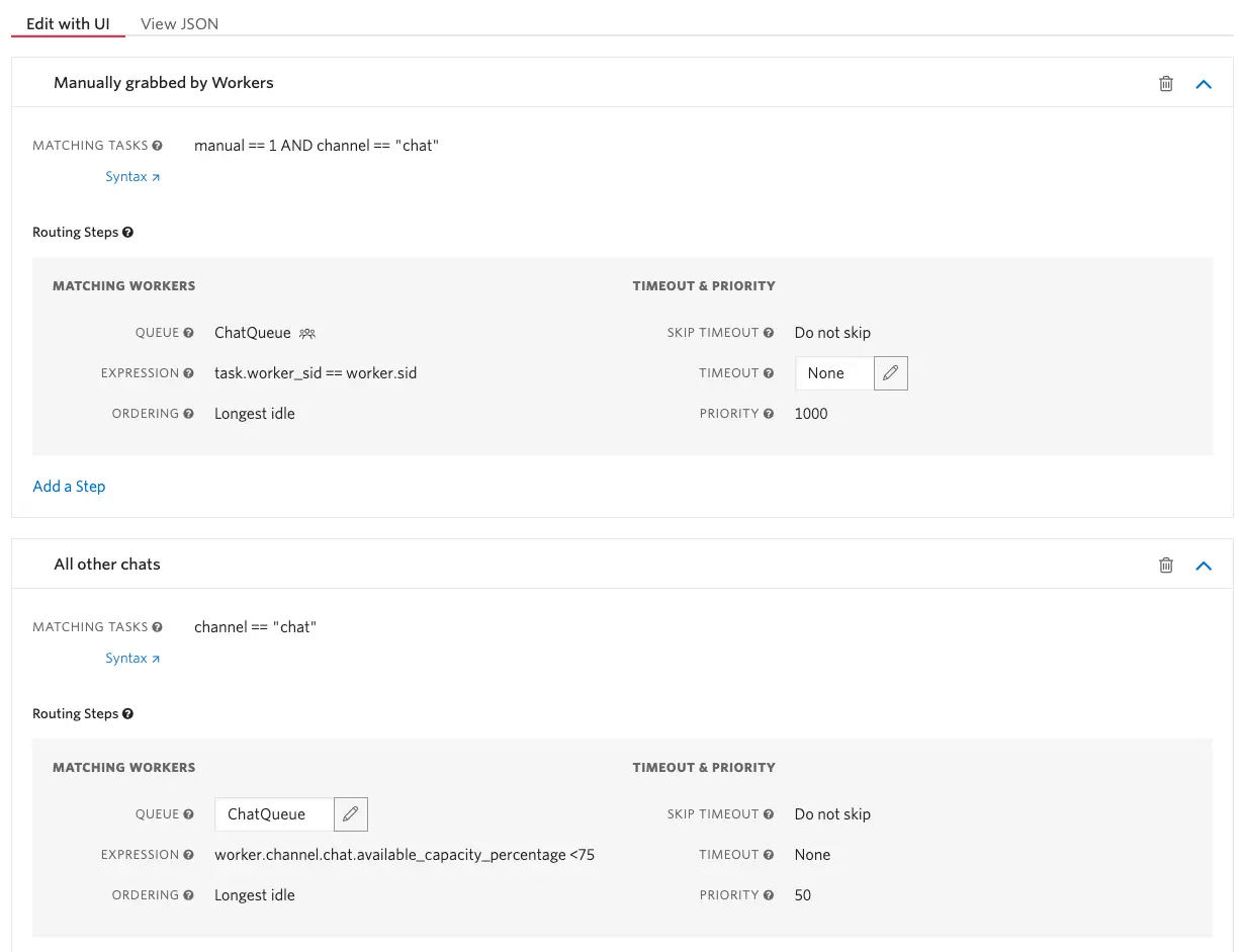 Task Router UI showing chat channel query with routing steps and worker matching conditions.