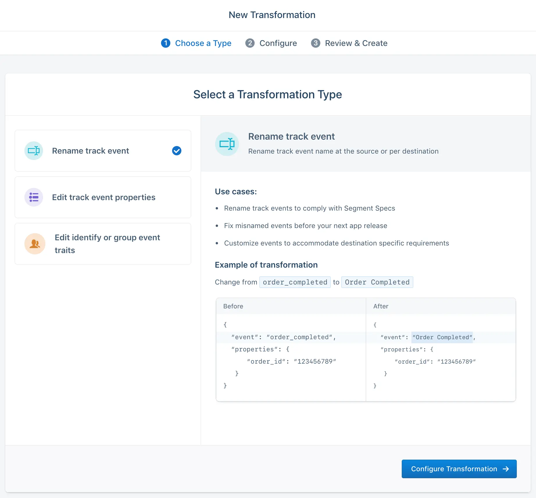 Three-step wizard for renaming track events with example transformation.