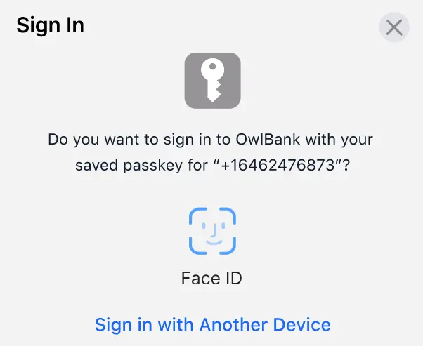 Sign in screen for OwlBank with options for Face ID or another device, displaying a saved passkey for a phone number.