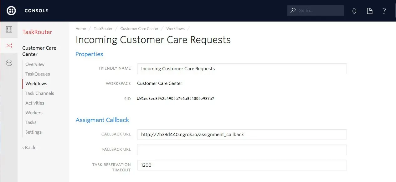 Set callback URL for Incoming Customer Care Requests in TaskRouter console.