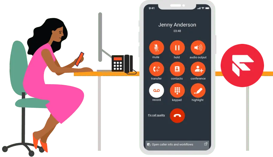 A woman using a phone with Spoke Phone app interface showing call options.