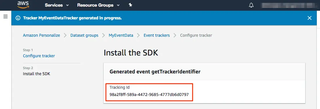 AWS SDK installation page showing generated Tracking Id: 98a2f8ff-589a-4472-9685-4777db6d0797.