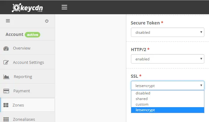 KeyCDN settings with SSL set to Let's Encrypt, HTTP/2 enabled, and Secure Token disabled.