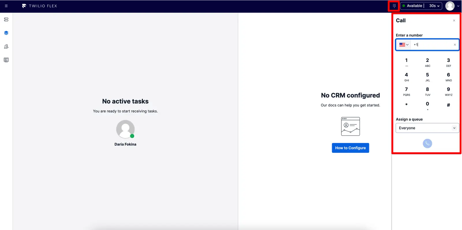 Twilio Flex interface showing call transfer button highlighted.